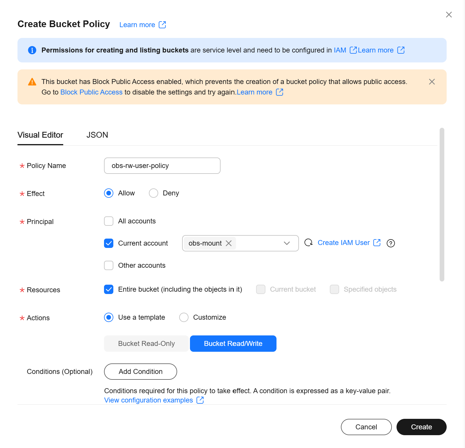 Create new policy window